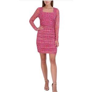 BCBGeneration Womens Pink Flower Mesh Square Neck Ruched Boho Dress Sz XS New